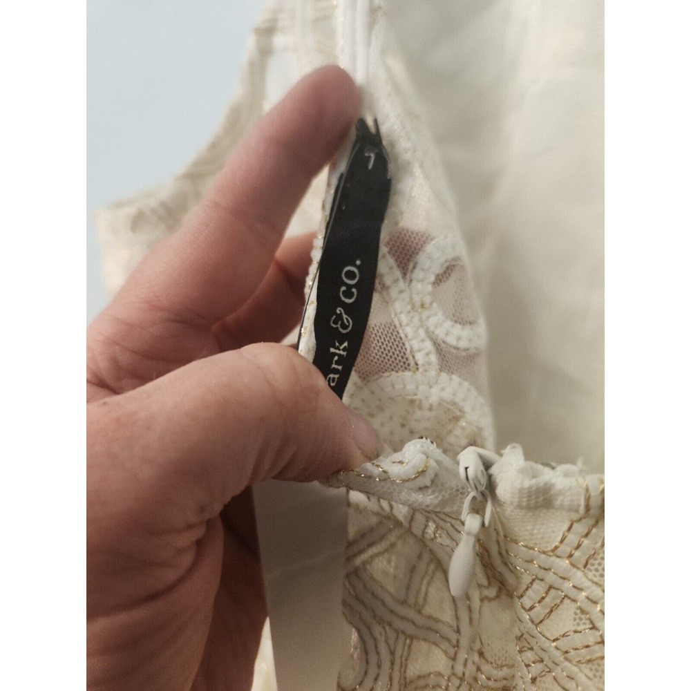White Lined Sheer Dress Gold Embroidery Pearl Waistline Ark‎ & Co L + Video - Picture 8 of 8